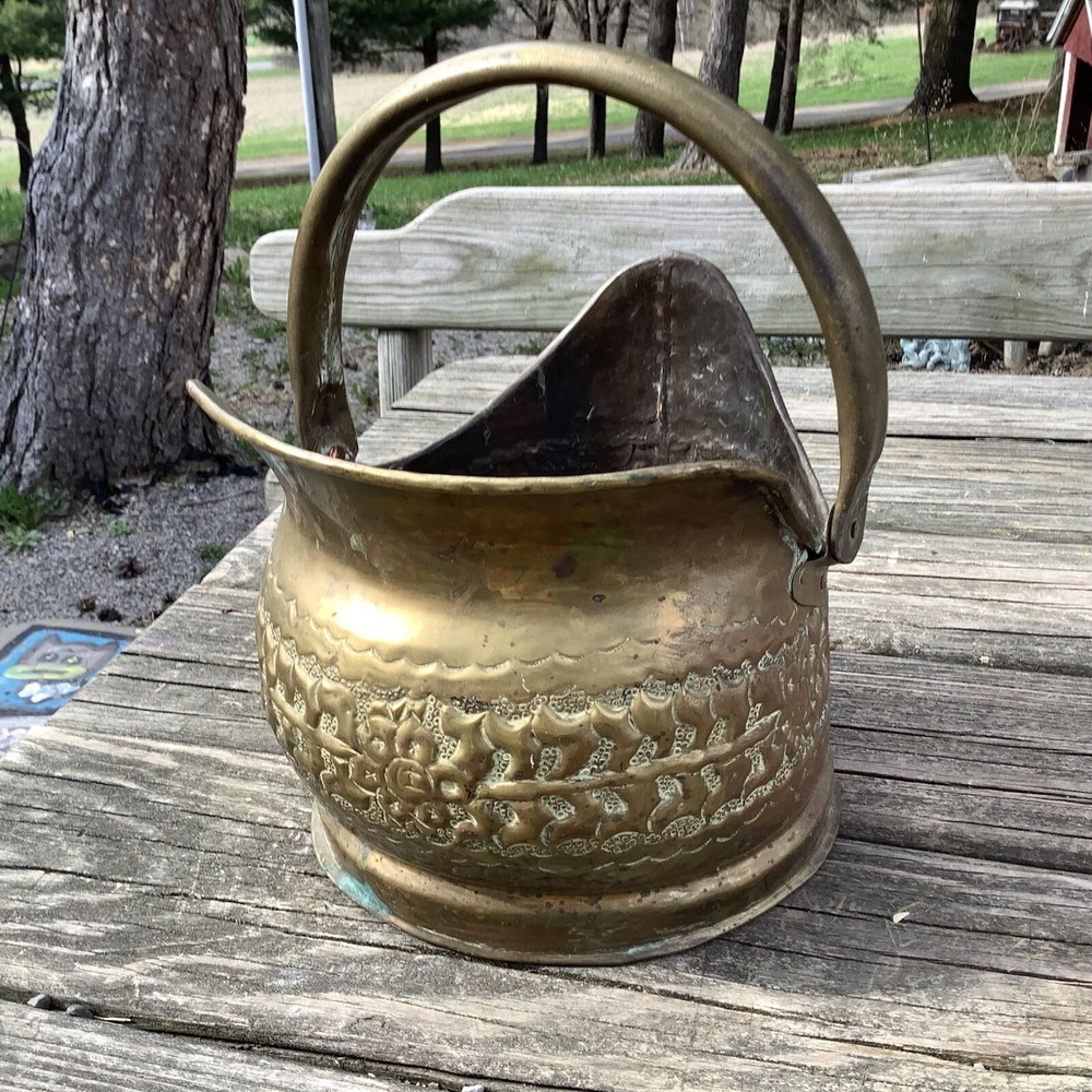 Vintage Hammered Brass Coal Scuttle Coal Bucket With Movable Handle