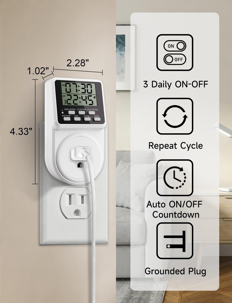 Techbee Digital Infinite Repeat Cycle Intermittent Timer Plug for White