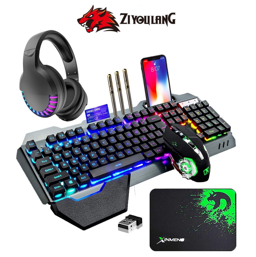 Full size Wireless Gaming Keyboard Mouse and Bluetooth Headset Set RGB Light PC