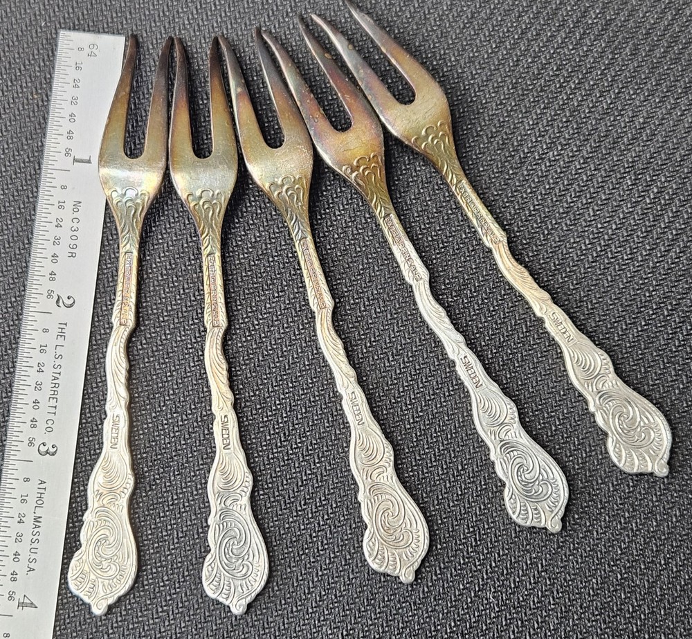 Vintage 1950's Set of 5 Nils Johan Silver Plated Appetizer Forks w/ Holder Cup