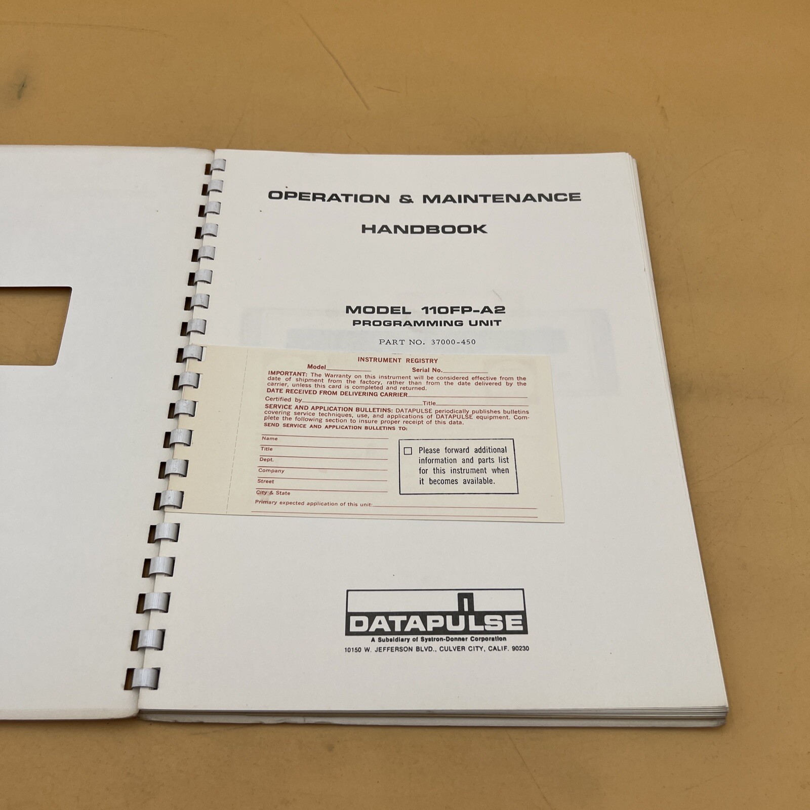 Datapulse Model 110FP-A2 Programming Unit Operation and Maintenance Manual