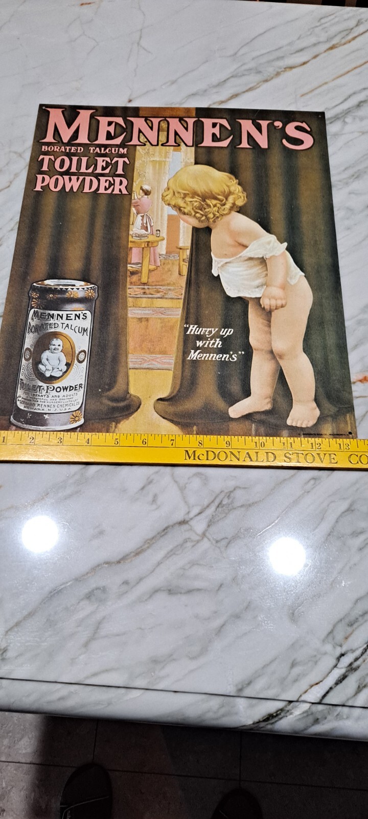 VINTAGE Mennen's Borated Talcum Toilet Powder Tin Baby ADVERTISING Tin SIGN