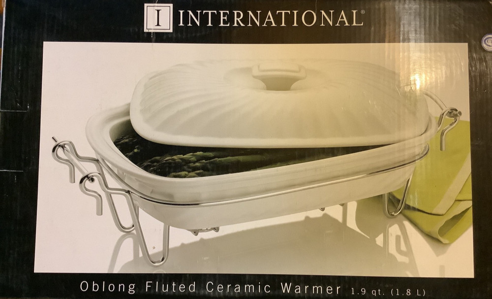 International Oblong Fluted Ceramic Warmer 1.9 Quart Server Serving Chafing Dish