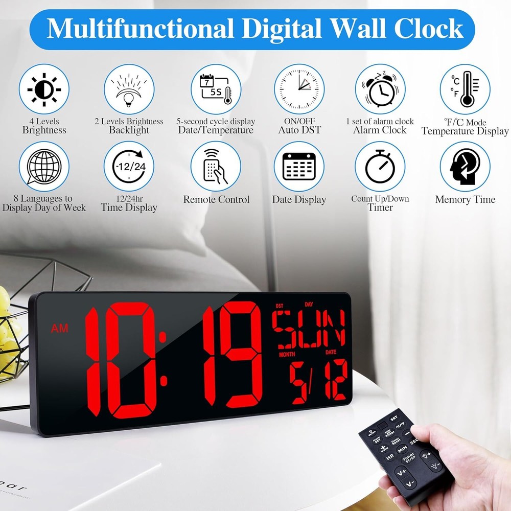 17.2" Large LED Digital Wall Clock w/ Remote Control &Auto-Adjustable Brightness