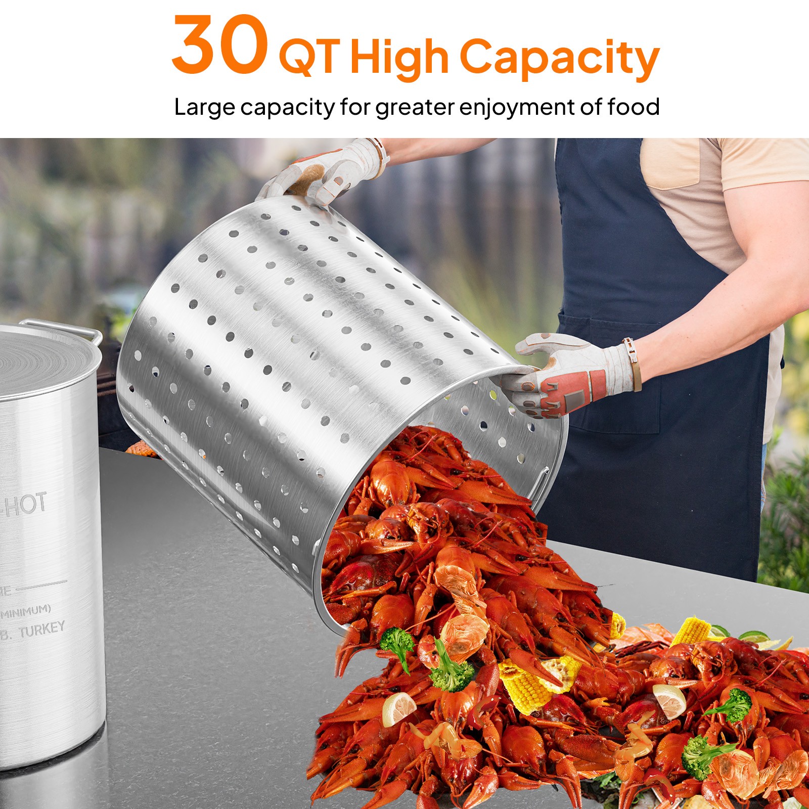 30 QT Aluminum Seafood Boil Pot with Strainer Basket, Lid, Hook for Boiling