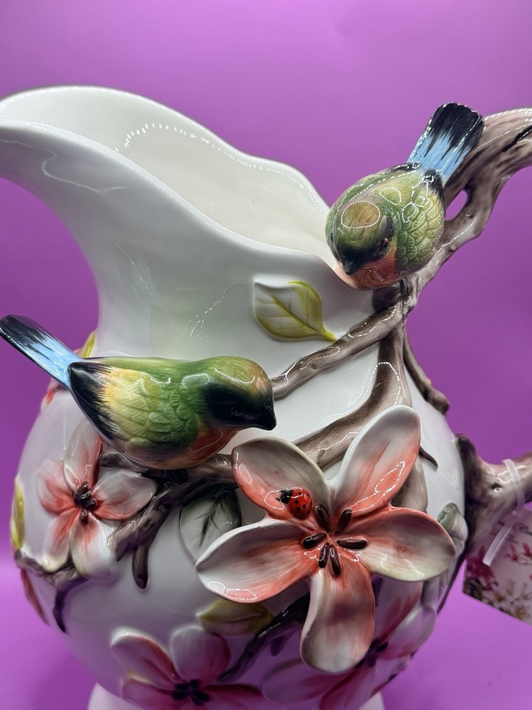 BOTANICAL COLLECTION BY CORNER RUBY STUNNING 3D PITCHER WITH FLOWERS & BIRDS