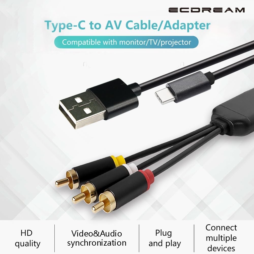 ECDREAM USB C to RCA Cable Adapter, 6Ft Type-C Wired 6ft, usb c rca