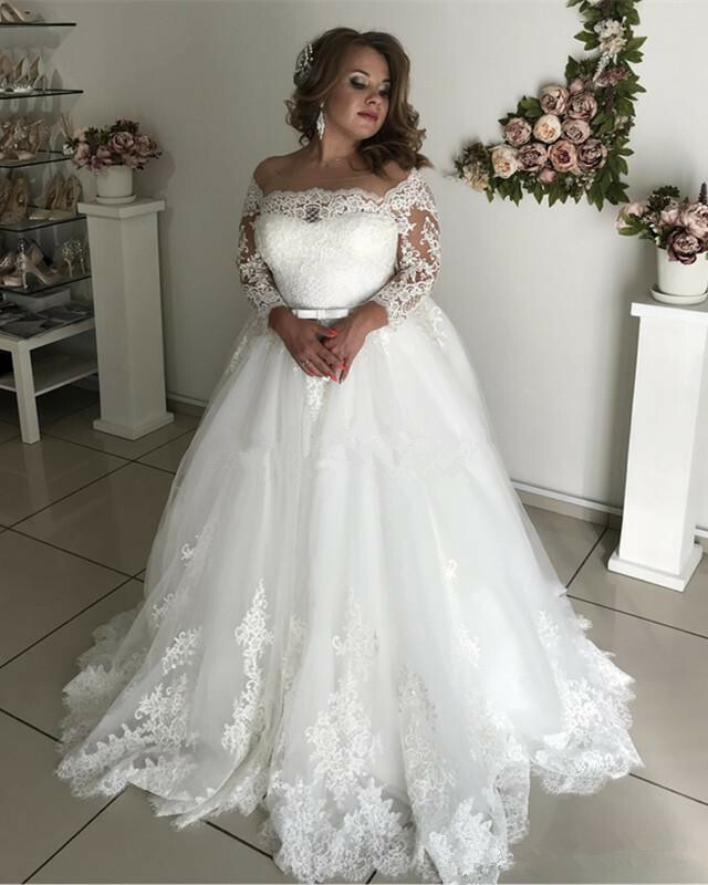 Plus Size Wedding Dresses Bridal Ball Gowns Off the Shoulder Lace Applique White