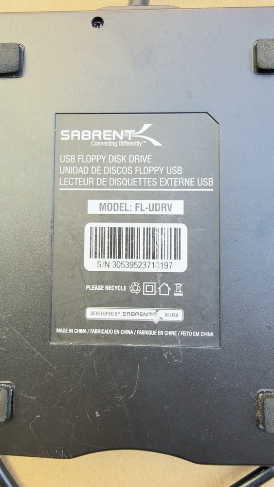 External USB 3.5" Floppy Disk Drive for PC/Mac Sabrent Model FL-UDRV