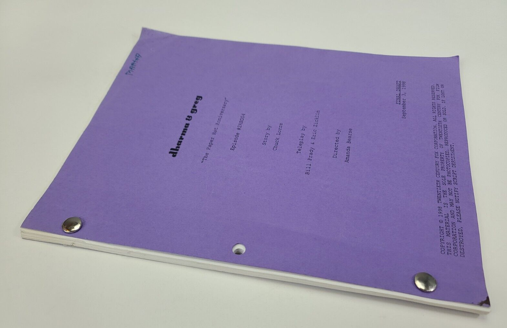 DHARMA & GREG / Bill Prady 1998 TV Script, Jenna Elfman "Paper Hat Anniversary"