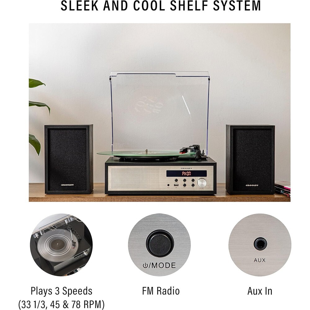 Crosley CR7022A-BK Sloane Bluetooth Shelf System Record Player - Black