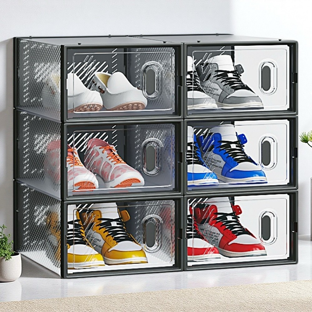 6-Pack Shoe Storage Boxes - Stackable, Plastic Mesh, Door, Black & Small Size