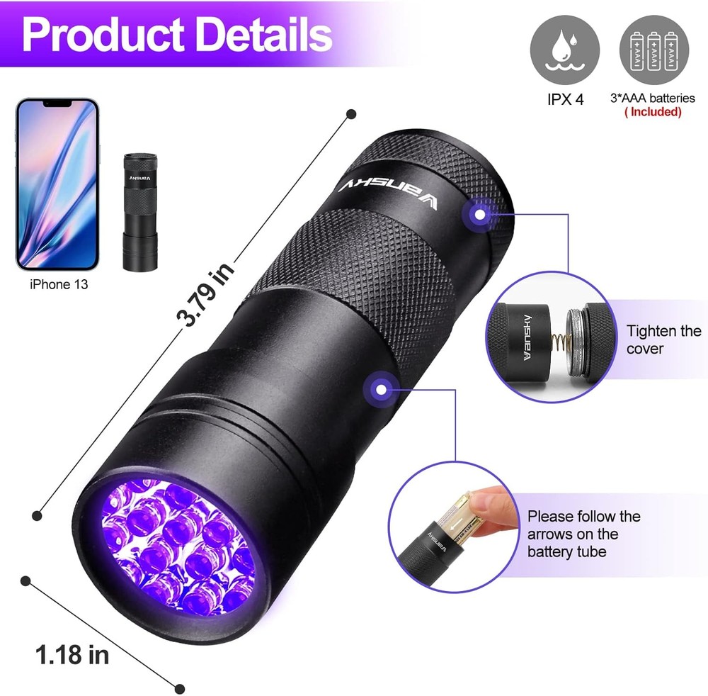 Black Light UV Flashlight,Vansky Blacklight 12 LED Urine 1 Pack,