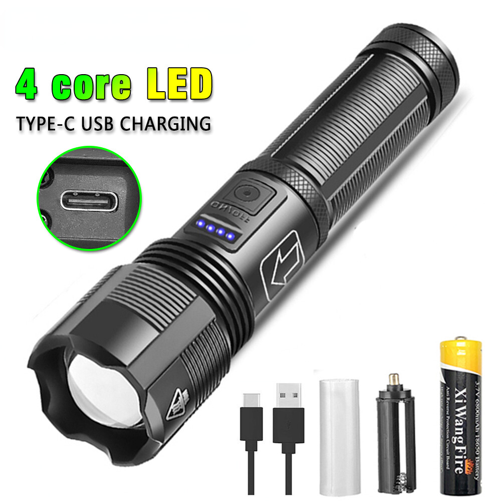 4 Core Led Rechargeable Flashlight Zoomable Torch Searchlight Light USB Lamp