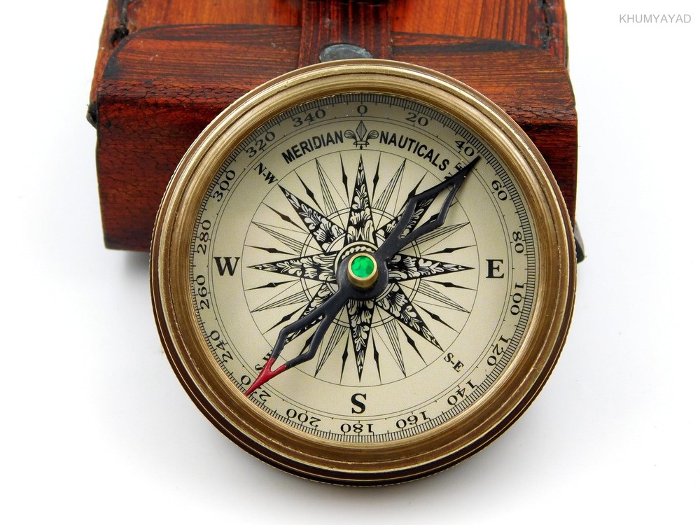Brass Hand Made Fully Functional Compass with Leather Case & Robert Frost Poem E