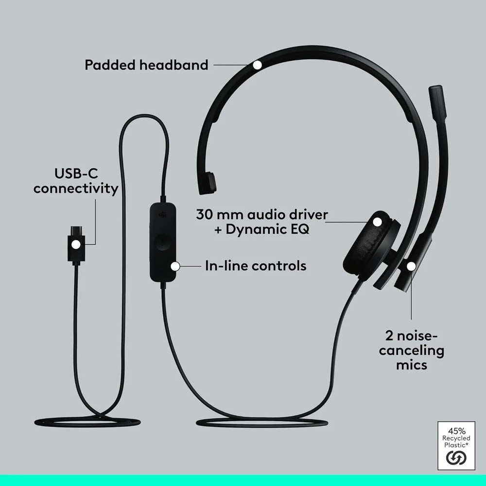 Logitech H570e USB-C Headset Microphone for PC Mac Black Noise-Canceling Mics