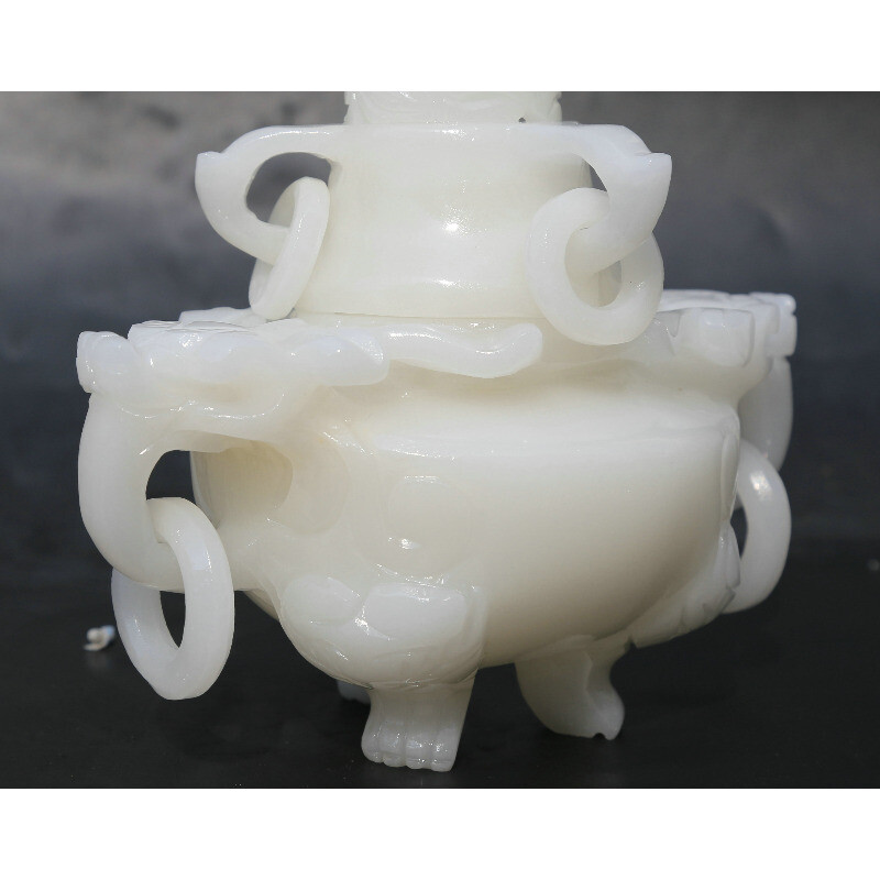 6.5" Chinese White Jade Carved Dragon Head Beast Tripodia Incense Burner Censer
