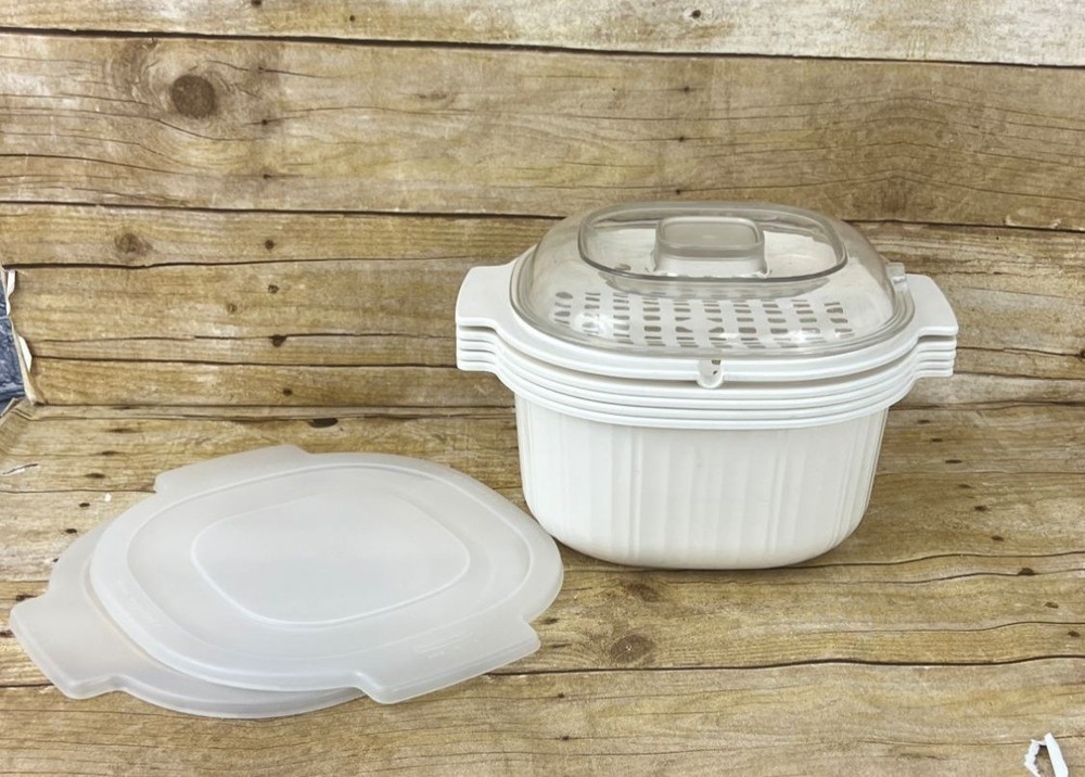Rubbermaid Microwave Cookware 8 Piece Set Tan Space Saving Stackable Vintage