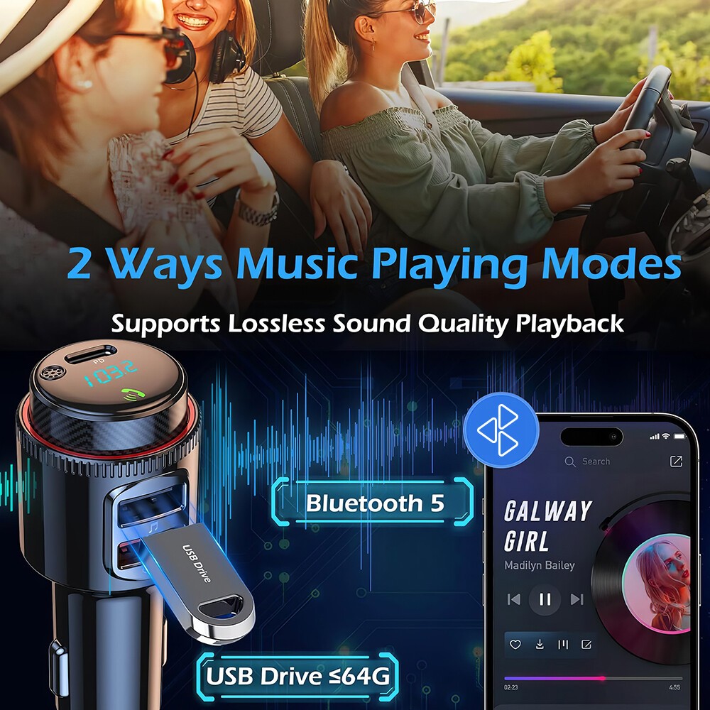 Bluetooth Radio Car Kit Wireless FM Transmitter PC QC3.0 USB Charger MP3 Player