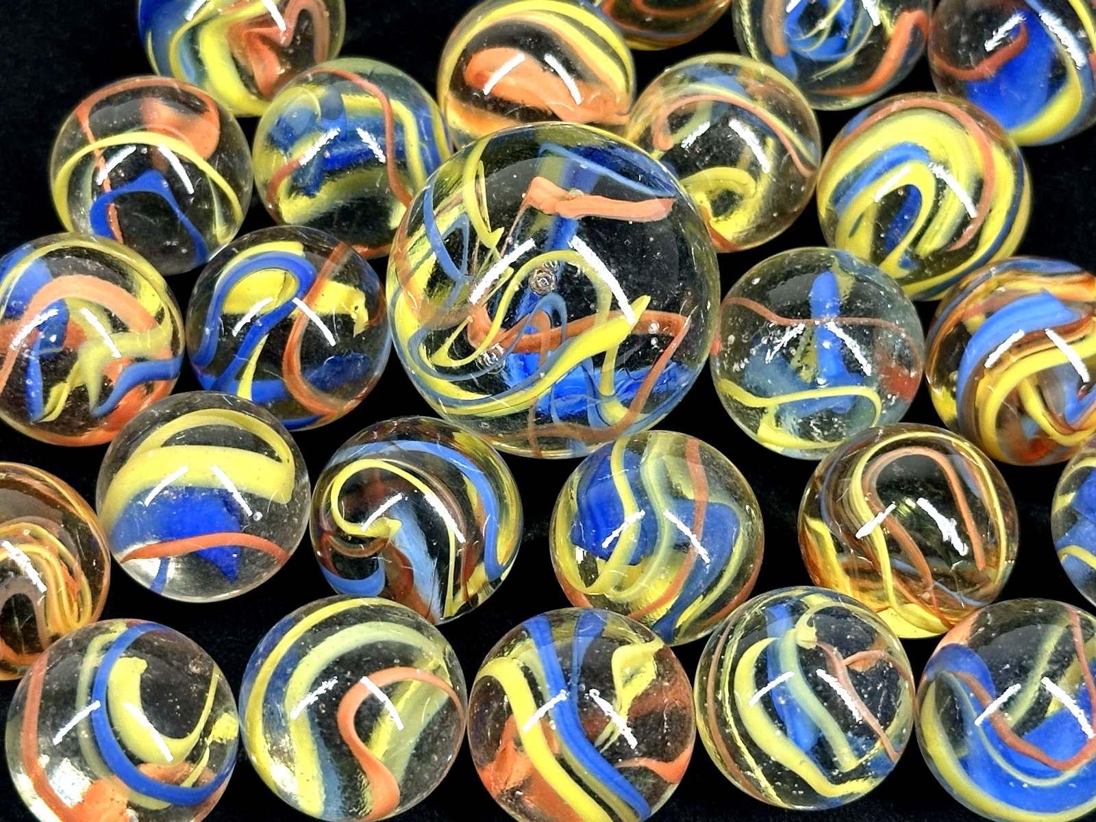 25 Glass Marbles ATOM Red/Yellow/Blue Streamer Fiesta game Shooter