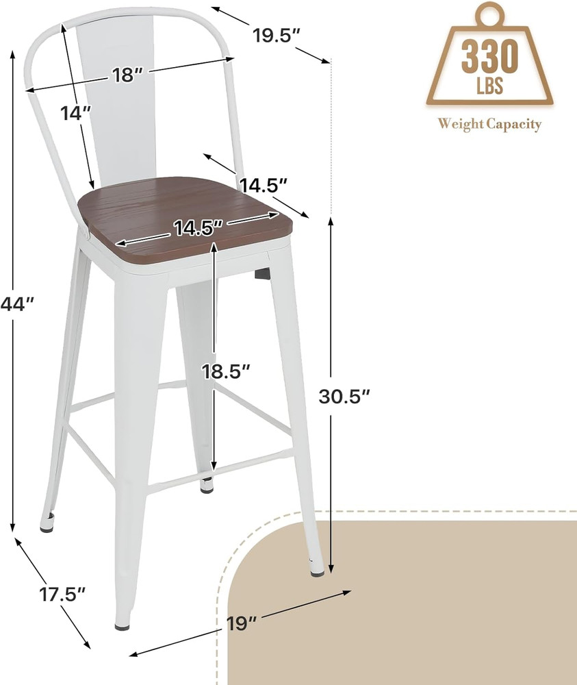 Set of 2 30.5'' High Back Bar Stools, Stackable Metal Frame, Farmhouse Style