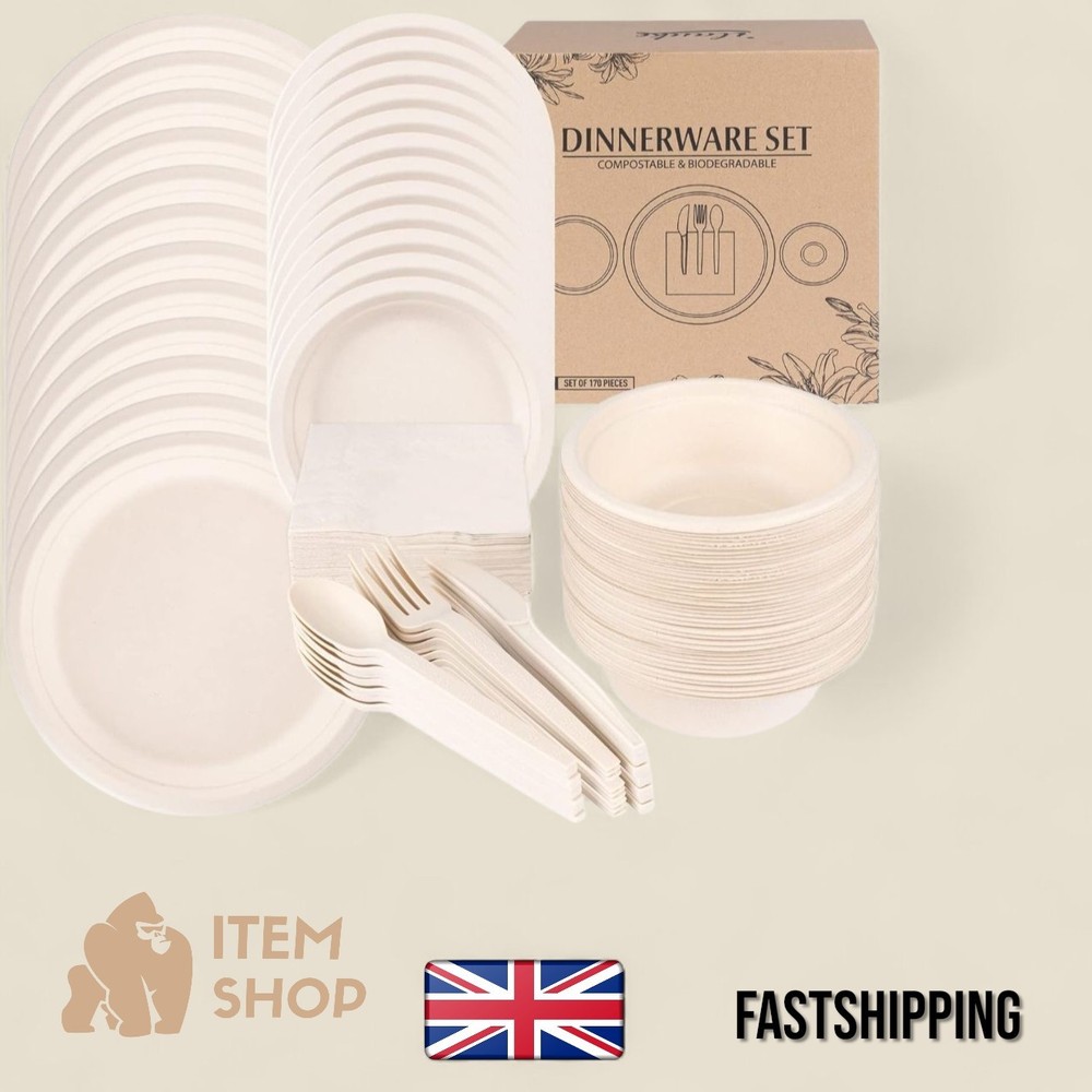 Dinnerware Set Disposable Paper Plates and Cutlery Set 100% Biodegradable