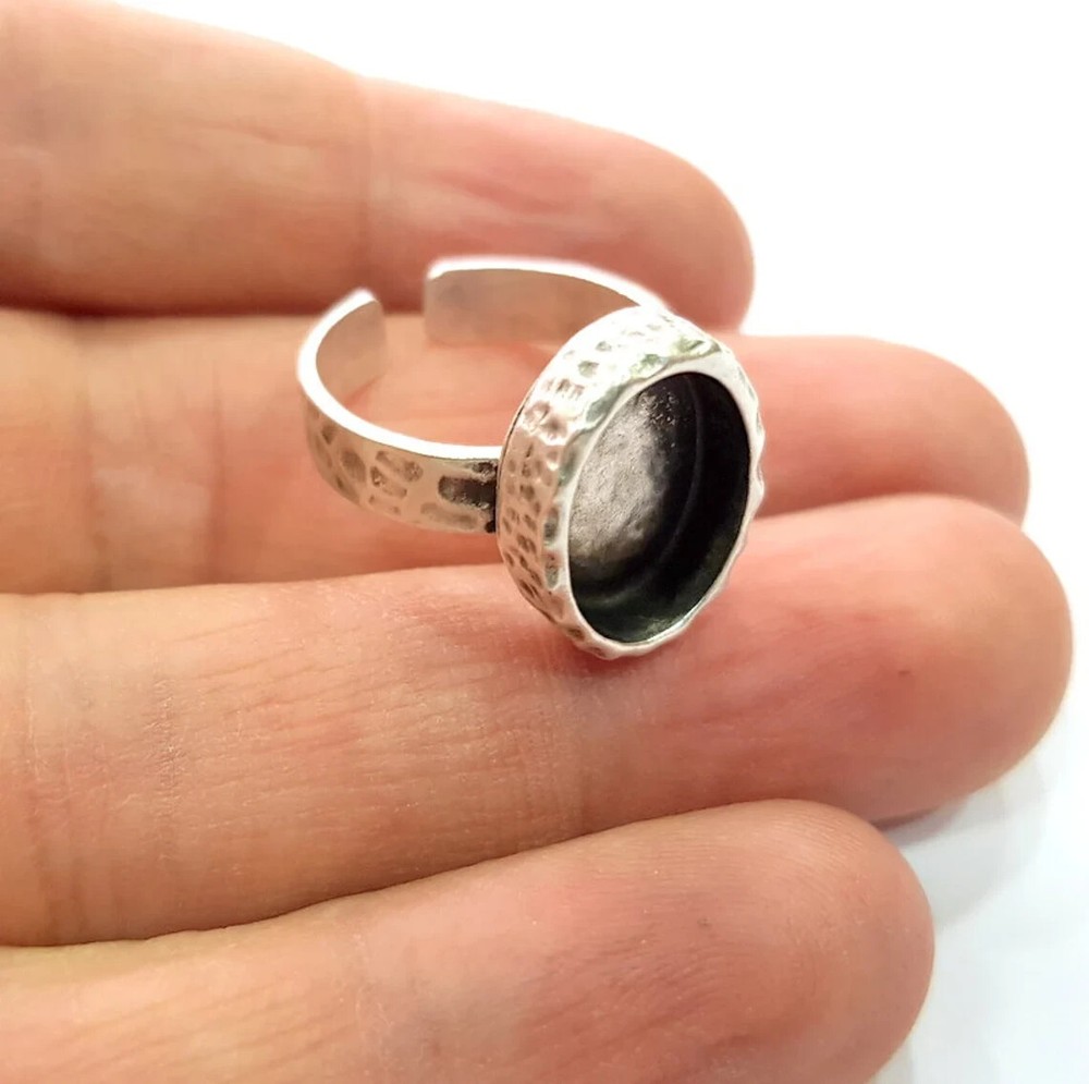 Hammered Ring Blank Setting Base Bezel inlay Backs Cabochon Antique Silver
