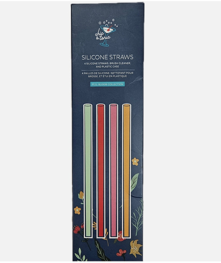 Chic & Tonic Silicone Drinking Straws 4pc Set Full Bloom Multicolor Case Brush