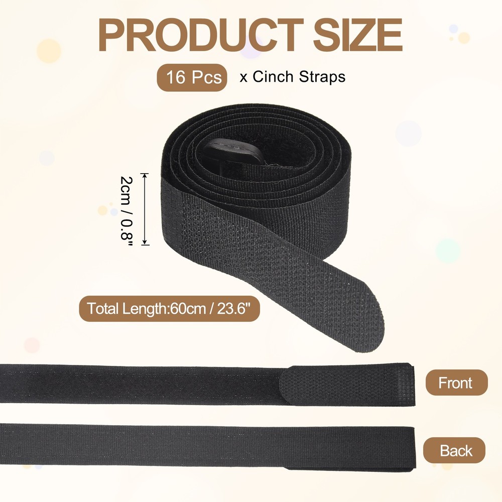 16pcs Reusable Cinch Straps 0.8"x23.6" Hook and Loop Cable Securing Strap, Black