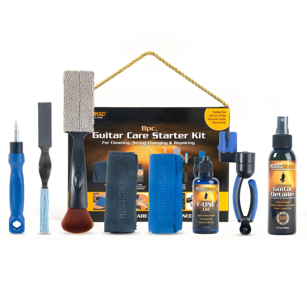 Guitar Care Starter Kit - 8 pc Cleaning, Repair & String Changing Tools, Gift Se