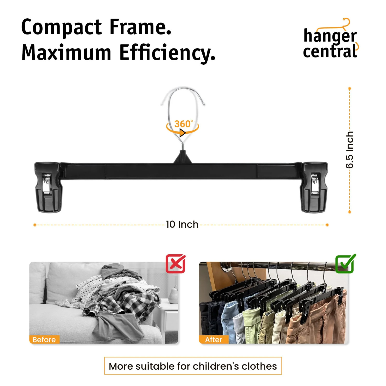 Hanger Central Black Plastic Pants Hangers 10 Pack 10 Inch w/ Clips Heavy Duty