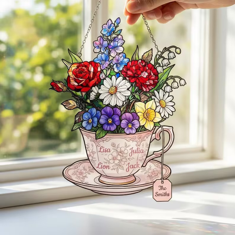 Personalized Floral Teacup Acrylic Suncatcher Window Decor