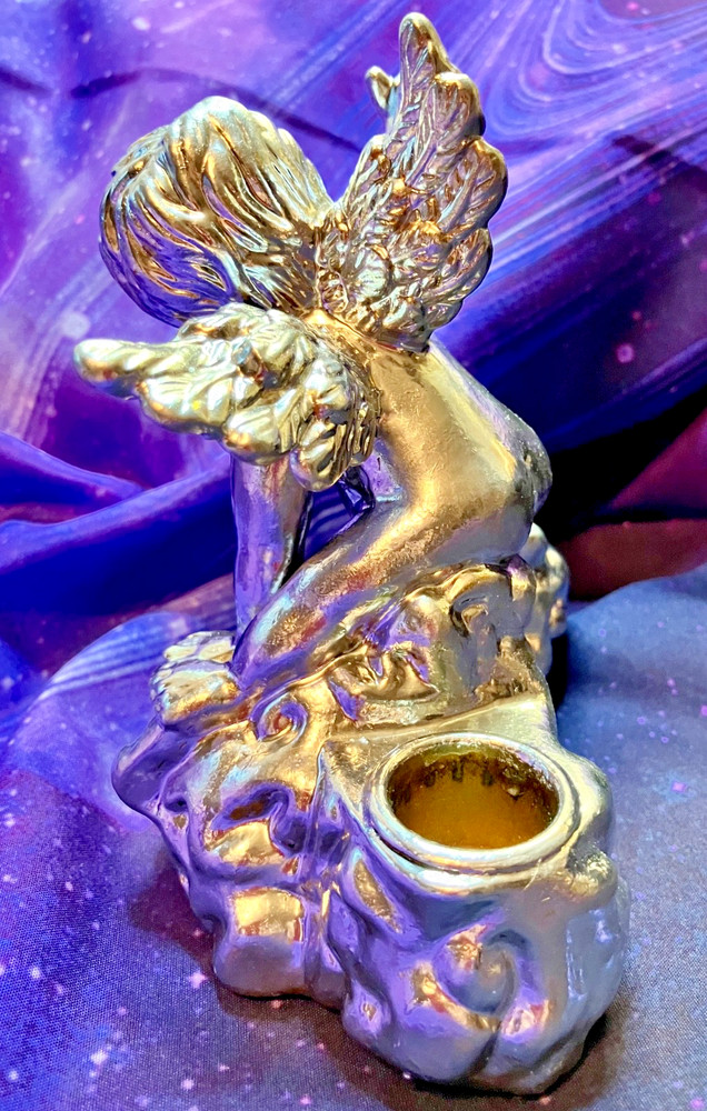 Two Silver Colored Ceramic Baby Cherub Candlestick Holders