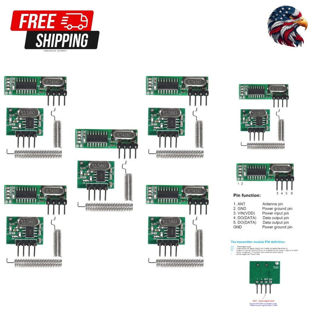 Versatile 5PCS 433MHz RF Transmitter and Receiver with Remote Control Antenna