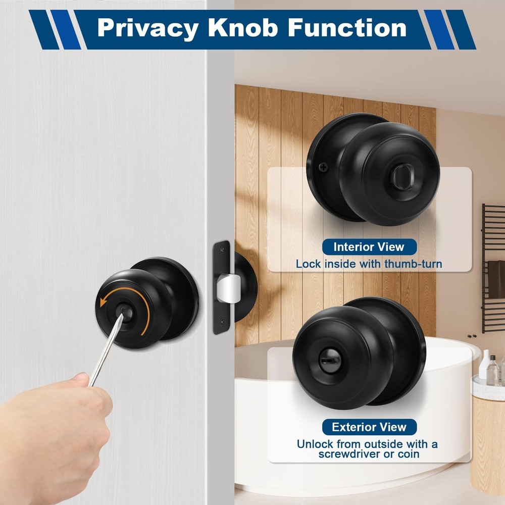 Estmoon 5 Pack Interior Door Knobs Black Privacy Door Handle, Keyless Door Lo...