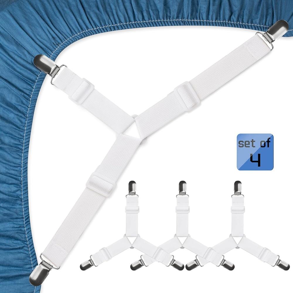 Bed Sheet Straps Easy to Install Fitted Triangle Clips Adjustable White 4 Pcs