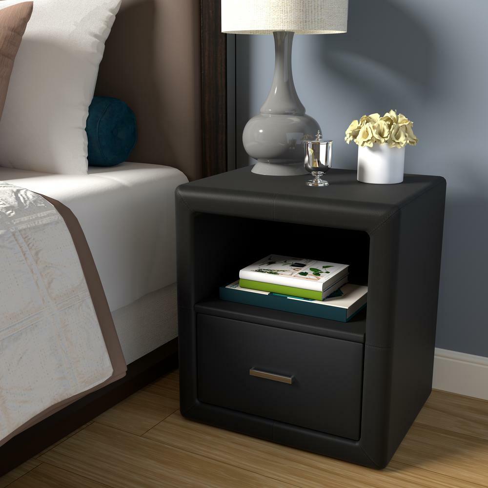 Rest Rite Nightstand Upholstered Single Drawers Black Faux Leather Rectangle