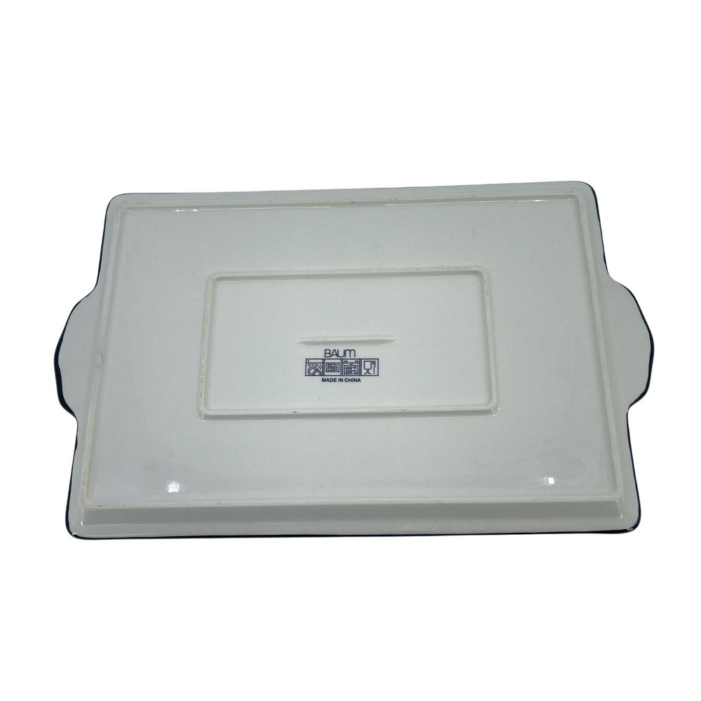 baum white and black ceramic serving platter with handles floral pattern