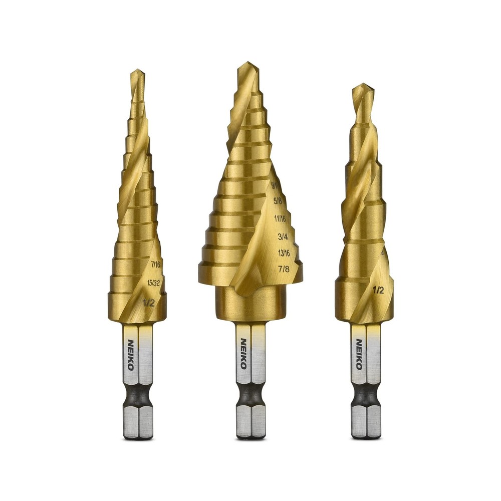 NEIKO 10181A Step Drill Bit Set, 3 Piece, 1/4" Quick Change Hex, Titanium