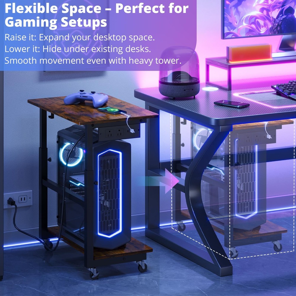 2-Tier Computer Tower Stand with Power Outlet, Height Adjustable PC Tower Sta...