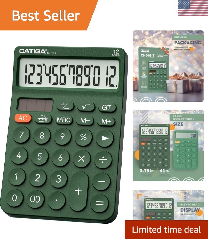 Dual Power 12-Digit Calculator with Responsive Buttons - Perfect for Study