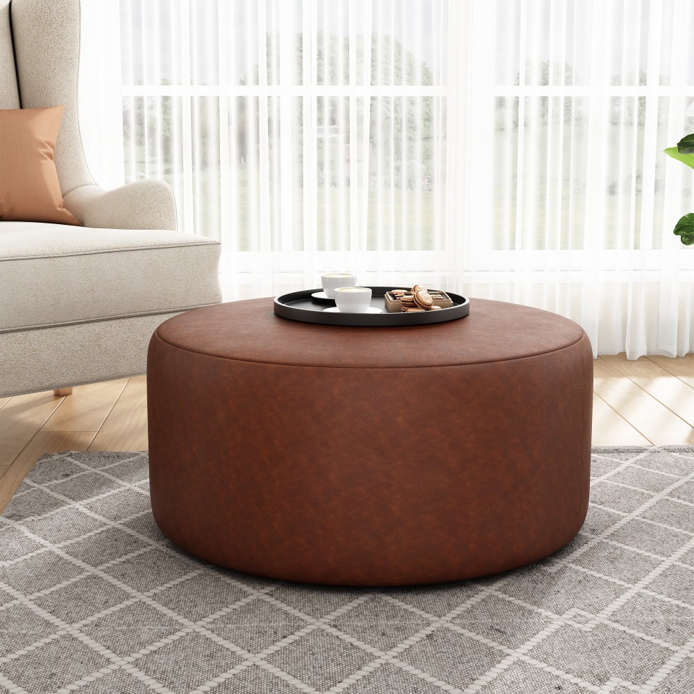 Upholstered Round Ottoman,PU Leather,Brown