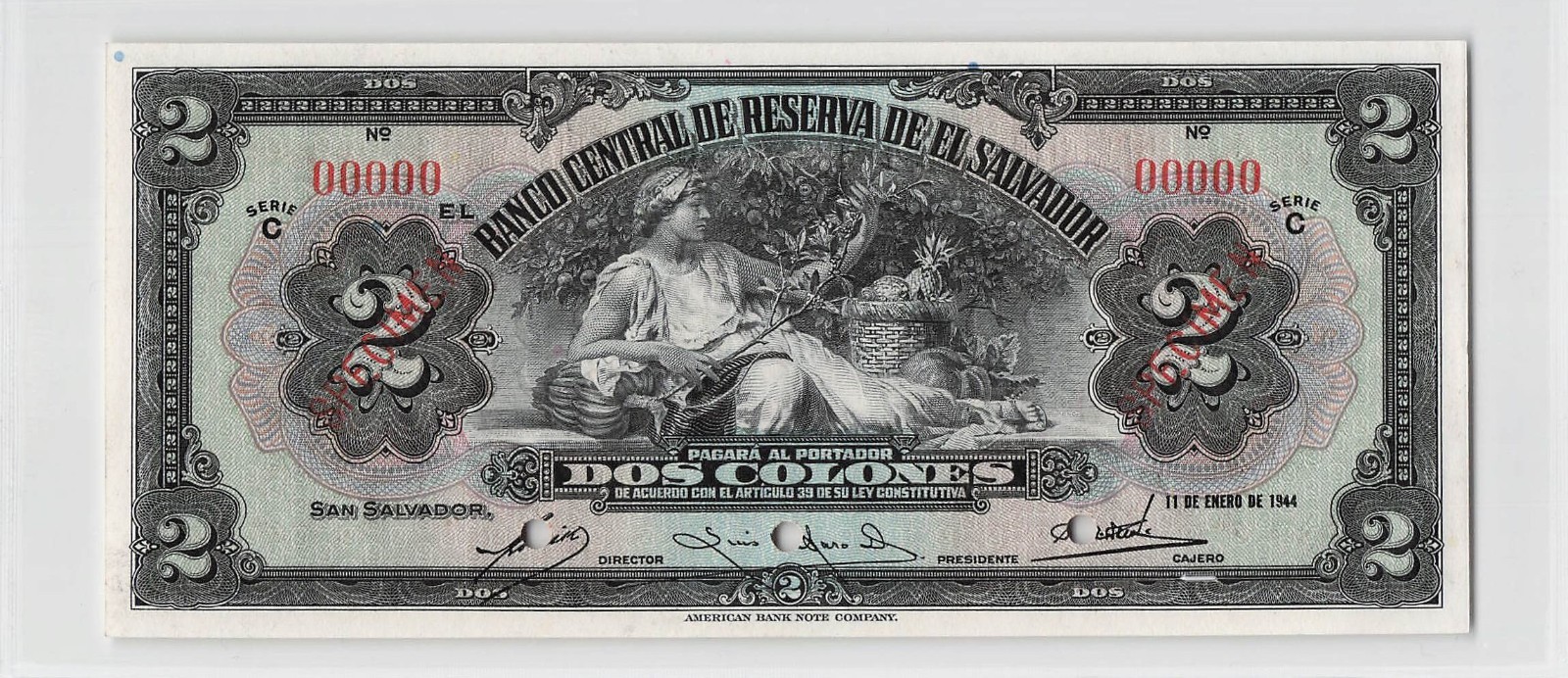 El Salvador 1944, 2 Colones P-76v3, Specimen Banknote.