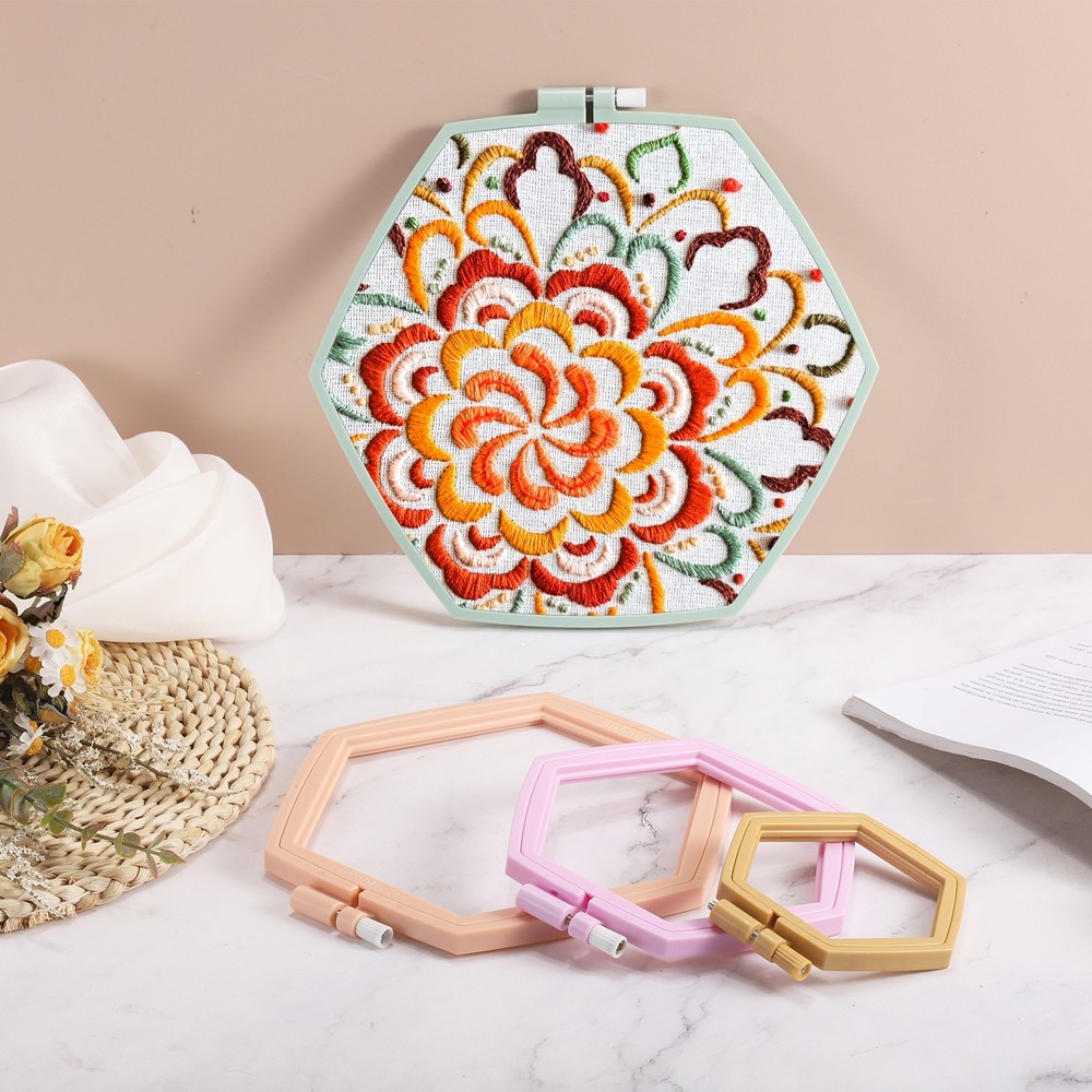 3 Pieces 3 Sizes ABS Adjustable Hexagonal Embroidery Hoop, Multicolored