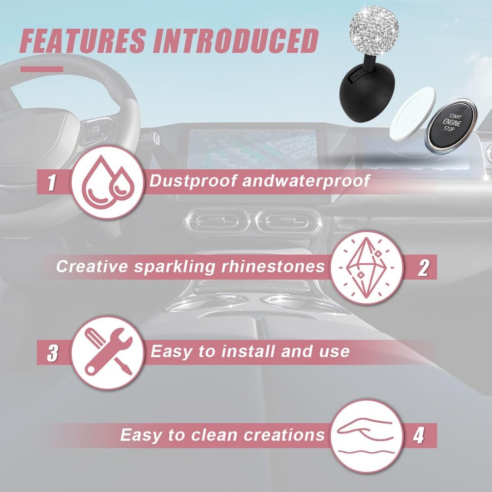 Car Push Start Button Cover, Rhinestone Engine Start Stop Button Joystick Cov...