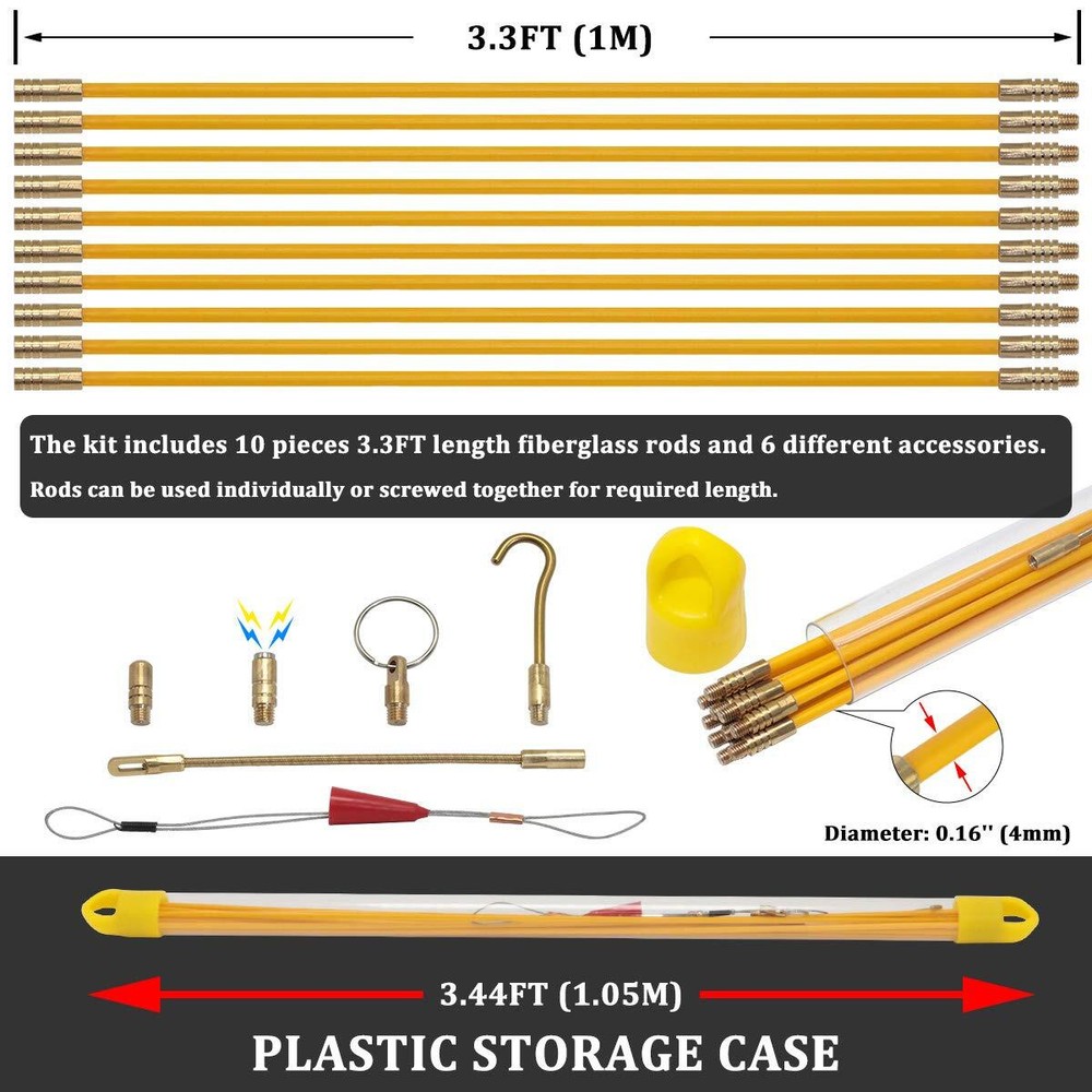 33FT Fiberglass Running Electrical Wire Cable Glow Rods Wire Pulling Tools Fi...