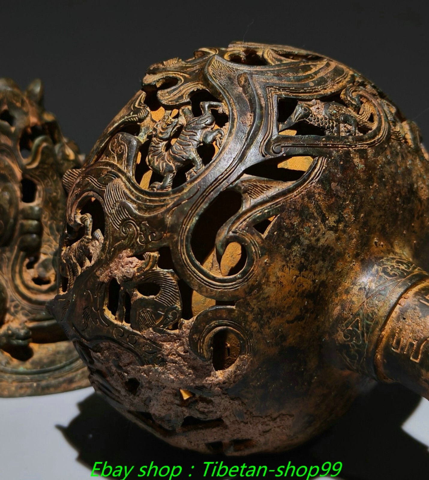 11.4"Old Dynasty Bronze Ware Dragon Hollow out Boshan Incense Burner Censer