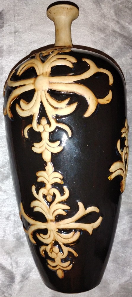 Decorative Glazed Narrow Neck Vase With Raised Scrollwork