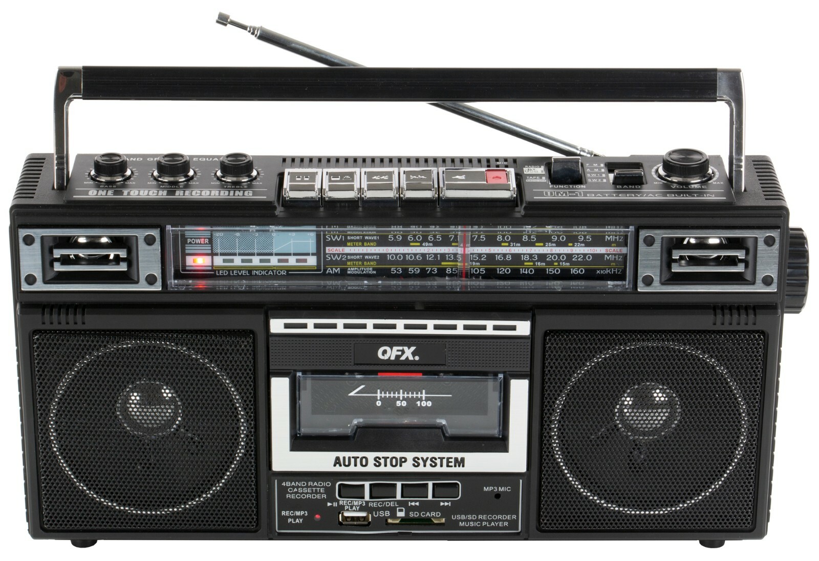 QFX J-220BT Retro AM/FM/SW1/2 4-Band Radio +Bluetooth +Cassette to MP3 Converter