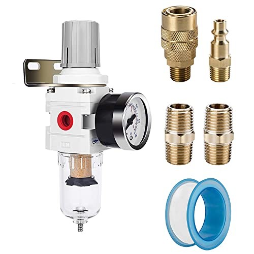 Compressed Air Filter Regulator 1/4" NPT Semi-Auto Drain, Metal Coupler&Plug